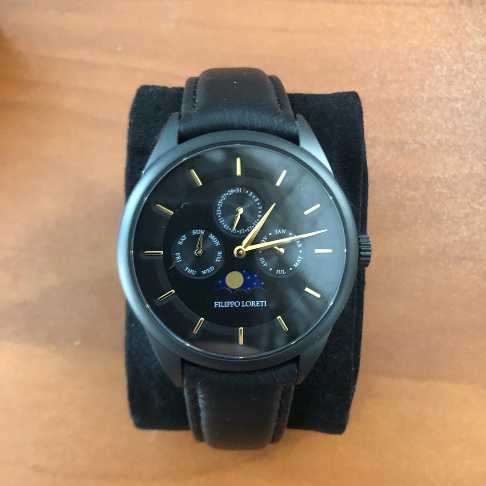 Filipo Loreti moon phase black gold watch